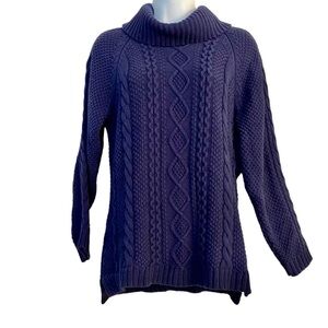 Navy Blue Chunky Turtle Neck Cable Knit Cotton Sweater Medium